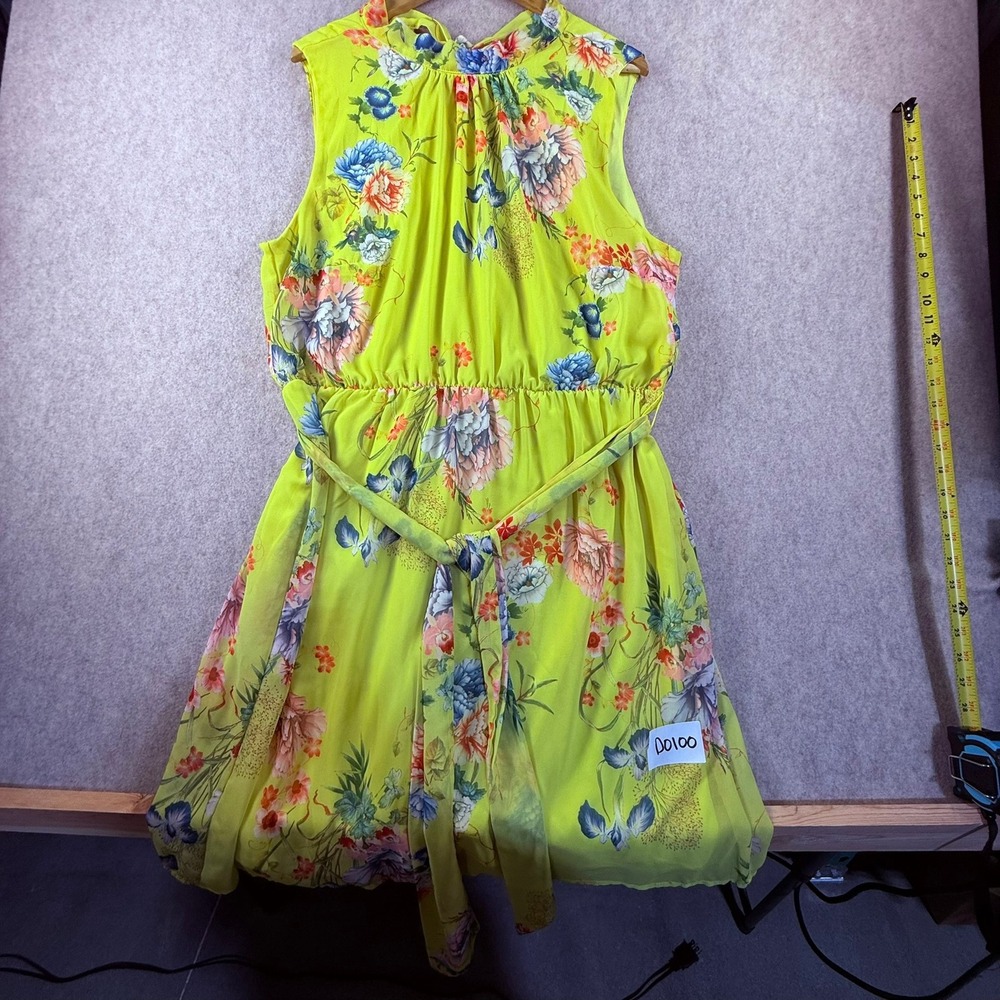New York & Company Yellow Floral Mock Neck Sleeveless Belted Midi Dress XXL